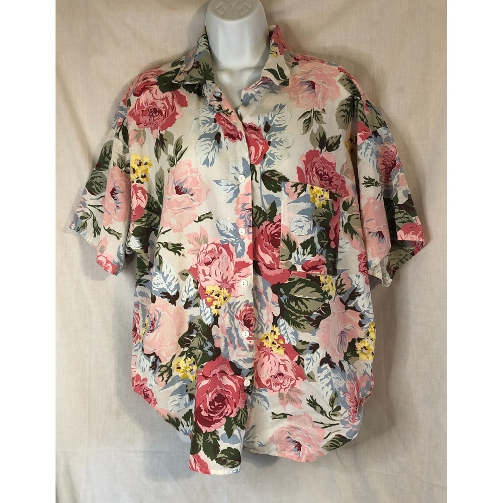 Vintage Carmelton Women's Camp Shirt White Floral Size Large 80s/90s